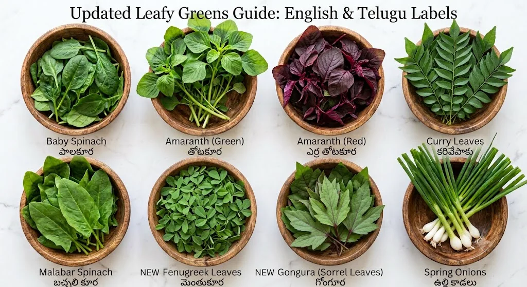 Leafy Vegetables Names in Telugu Infographic
